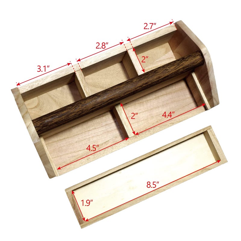 Ikee Design Small Natural Wood Color Wooden Craft Tool Box Caddy with a Handle for Storage Tool, Makeup, Collections with 5 Compartments for Storage and Organizing, 10 W x 5.1 D x 3.5 H in - Image 3